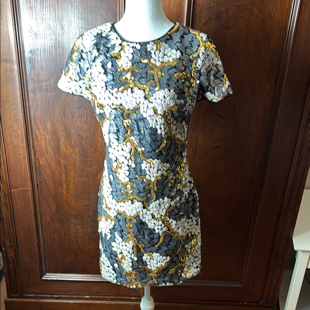 Dress the Population Black, Gold, White Floral Sequin Mini Dress